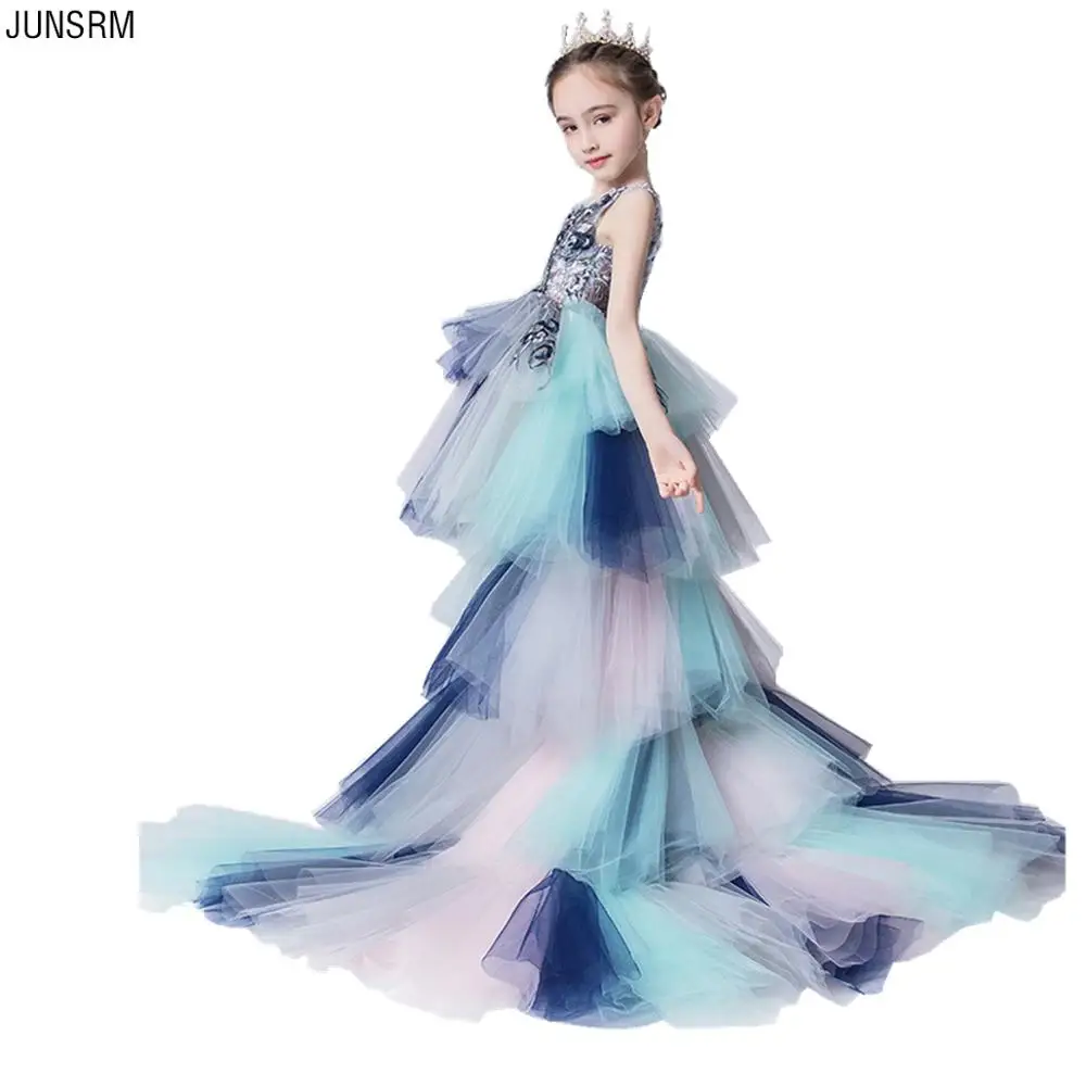 

Trailer Flower Girls Party Dress A Line For Kids Hi-Lo Princess Dress Baby Costume First Communion Tutu Dresses Ladies Costume