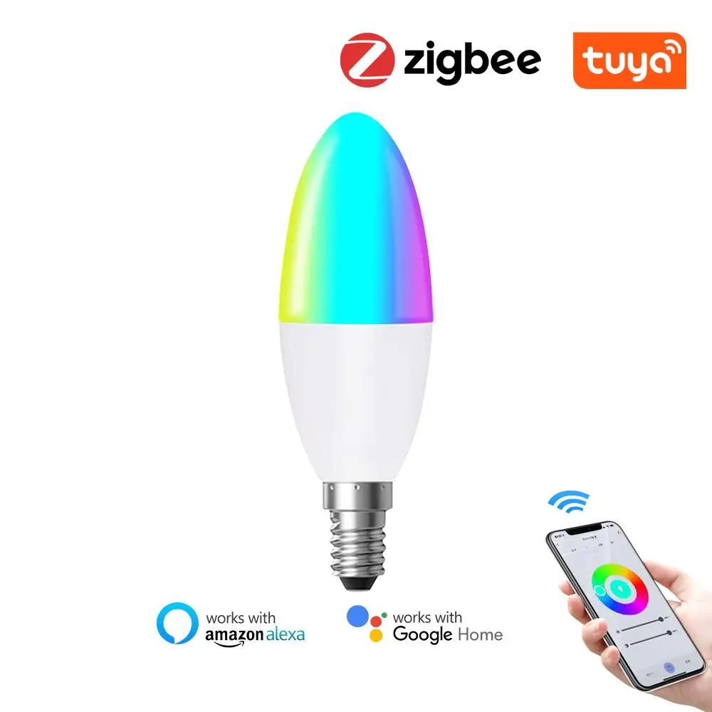 

Latest Tuya Zigbee 3.0 Smart E14 LED Candle Light Bulb RGB+W+C Dimmable Work with SmartThings Echo Plus Alexa Home Assistant
