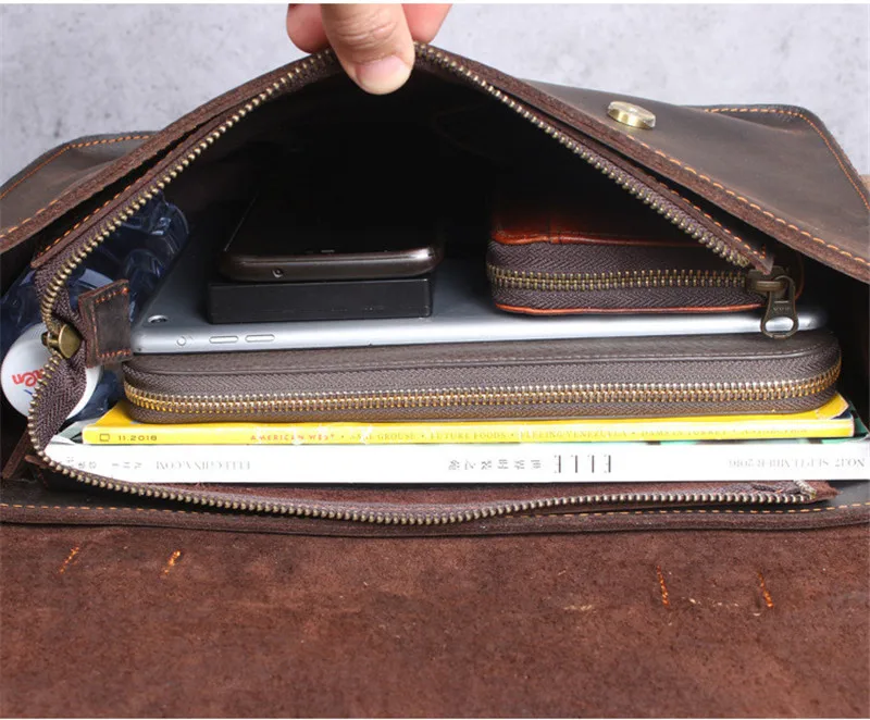 Simple retro unisex genuine leather briefcase top layer cowhide backpack daily dark coffee single shoulder messenger bag