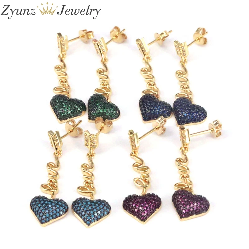 

5 Pairs, Trendy Colorful CZ Gold Color Earrings Heart Dangle Earrings Jewelry for Women Girls Love Gifts