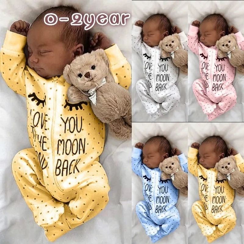 2020 Newborn Cartoon Eyes Letter Moon Love Dot Long Sleeve Zipper Baby Girl Clothes Infant 2t Girls Pijamas | Детская одежда и