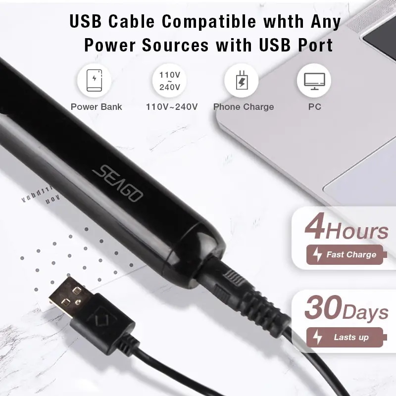 Зубная щетка SEAGO звуковая электрическая перезаряжаемая с 3 насадками для