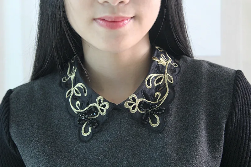 Linbaiway Handmade Beads Shirt Fake Collar Tie Women Embroidery Detachable False Lapel Blouse Top Removable Faux Cols |