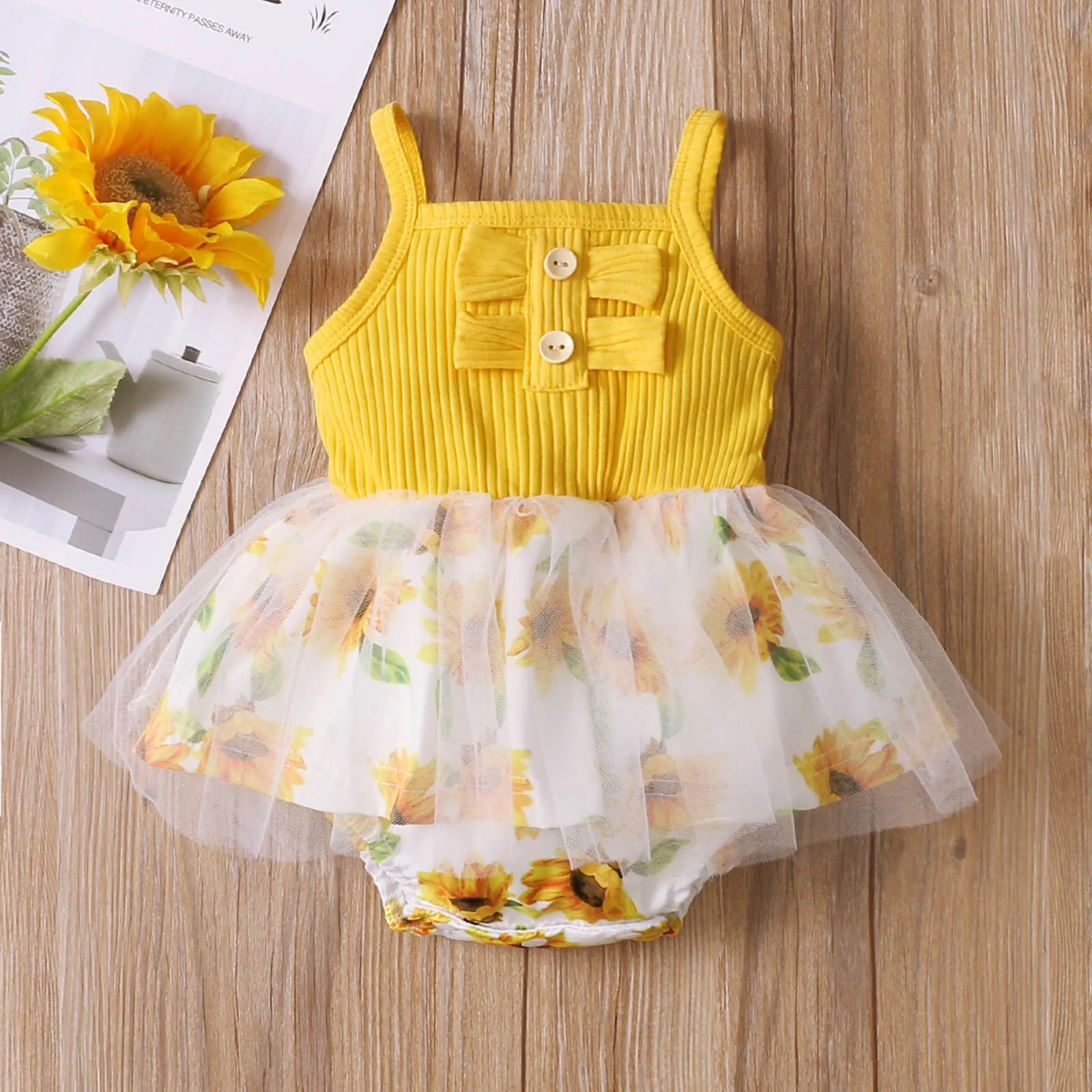 

Baby Girls Tulle Dress Bodysuit Knitted Ribbed Infant Bowknot Sunflower Suspenders Bodysuits Summer Newborn Jumpsuit 3-18 Months