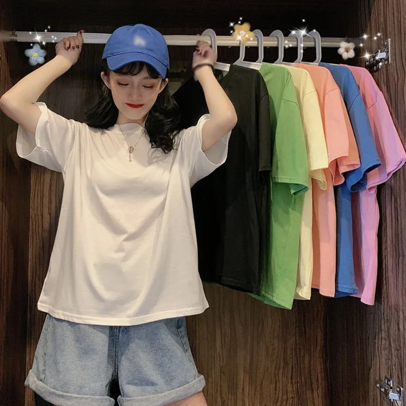 

Women T shirt Summer Solid Color Round Neck Short Sleeve Loose Tops Female Korean Style Simple Casual Tops