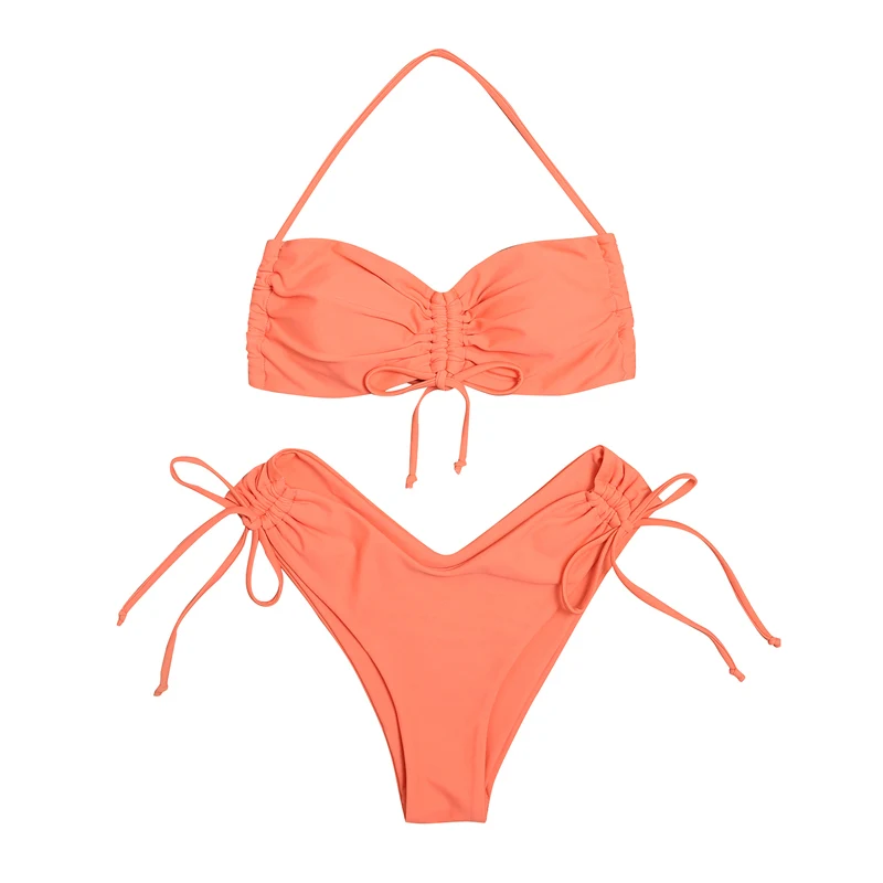 

Halter Backless Lace Up Drawstring Frill Solid Color Bikinis Women Swimsuit Set Swimwear Female 2021 New Swimming Bathing Suits