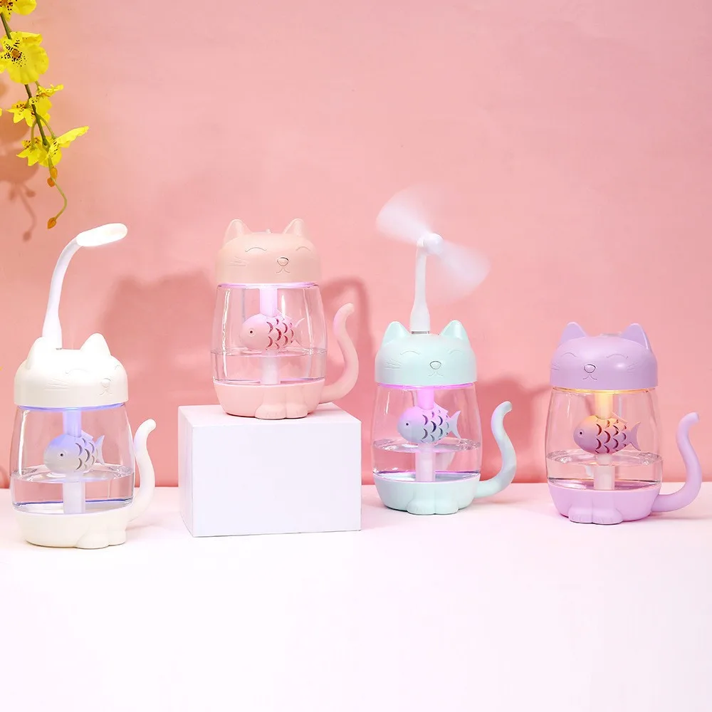 

350ml Cat Ultrasonic Air Humidifier with Mini Fan Light Aroma Essential Humidifier Oil Diffuser Ultrasonic Cool Mist Car