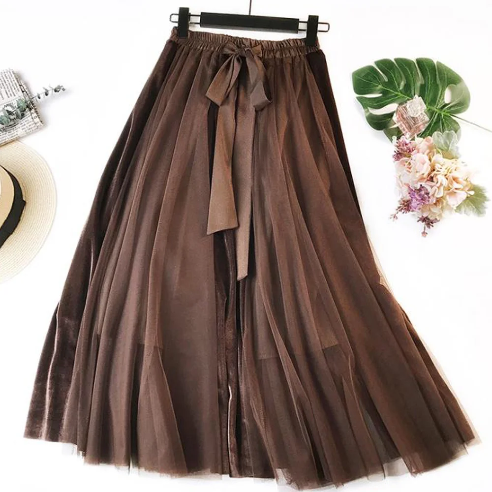 Длинная бархатная фатиновая юбка для женщин Корейская эластичная пышная