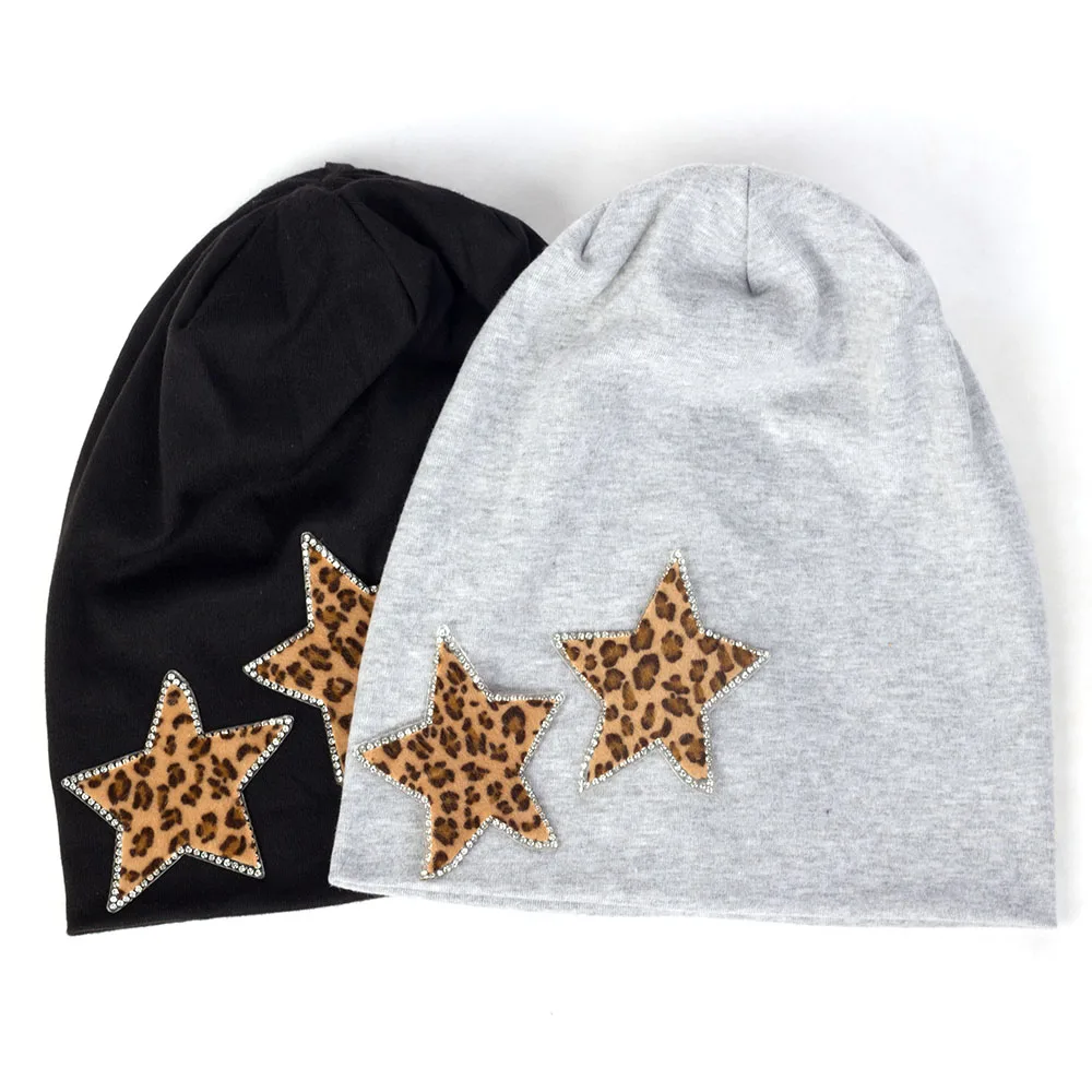 Geebro Winter Leopard Star Rhinestones Skullies Beanies For Women Female Cotton Elastic Baggy Hats Solid Color Bonnet Caps DT950 |