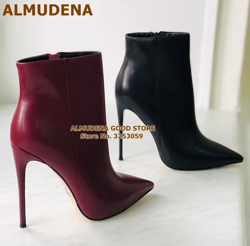 

ALMUDENA Women Matte Leather Ankle Boots Wine Red Black Thin High Heel Pointed Toe Short Booties Runway Zipped Motorcycle Boots