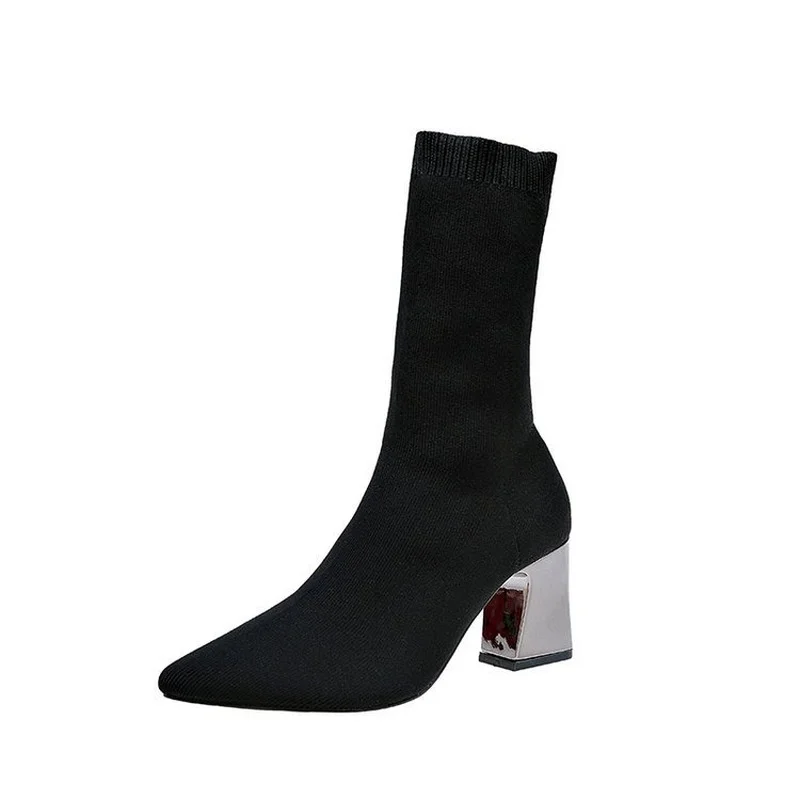 

New 34-43 Sexy Sock Boots Knitting Stretch Boots High Heels for Women Fashion Shoes Spring Autumn Ankle Boots Booties Female