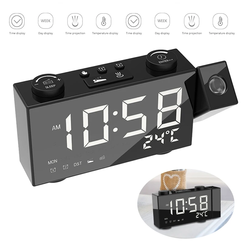 

Проекционный FM-радиоприемник с будильником, 6 дюймов, 87,5-108 МГц, USB/батарея, СВЕТОДИОДНЫЕ дисплеи, двойной будильник с функцией повтора