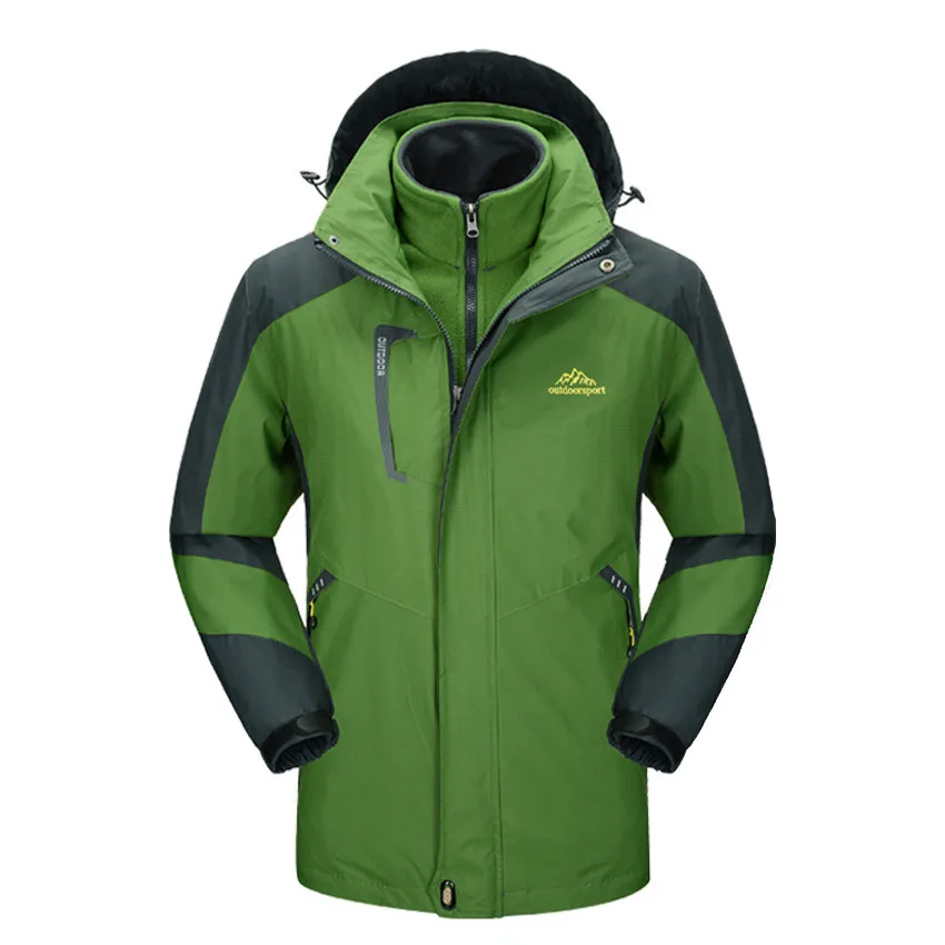 Men Grass Green Зимняя флисовая куртка из 2 предметов для походов и кемпинга для мужчин и женщин, водоотталкивающая теплая брендовая куртка с капюшоном VA299 - Цвет: Men Grass Green