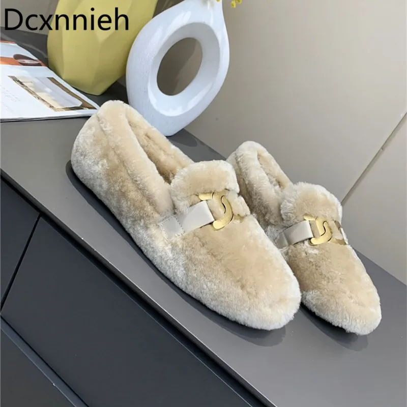 

New Winter Fur Brand Women Shoes Round Toe Mules Comfort Loafers Buckle Strap Flat Ballet Shoes Woman Designer Zapatillas Mujer