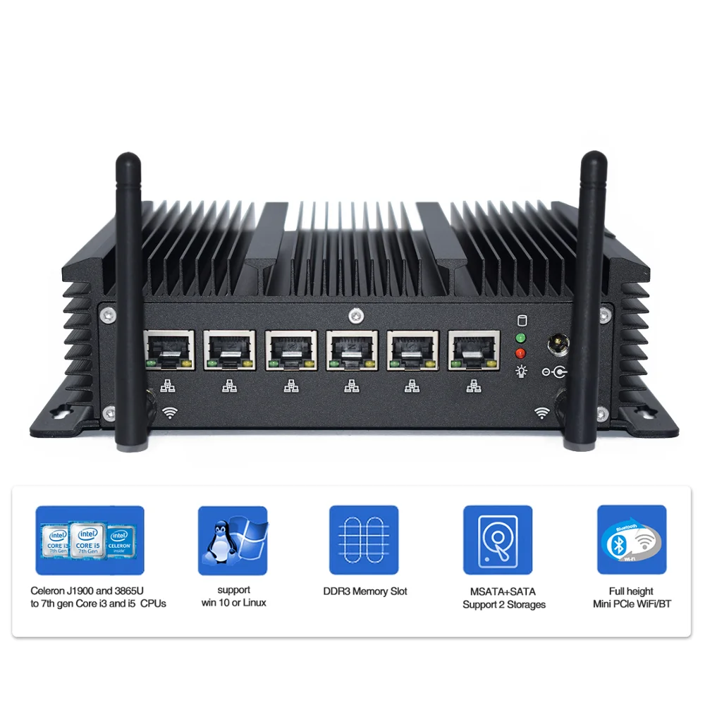 

6 Intel Lan Fanless Firewall Router Mini Industrial PC Core i5 10210U 4G WiFi Support AES-NI Pfsense PC 8265U i3 8145U RS232 COM