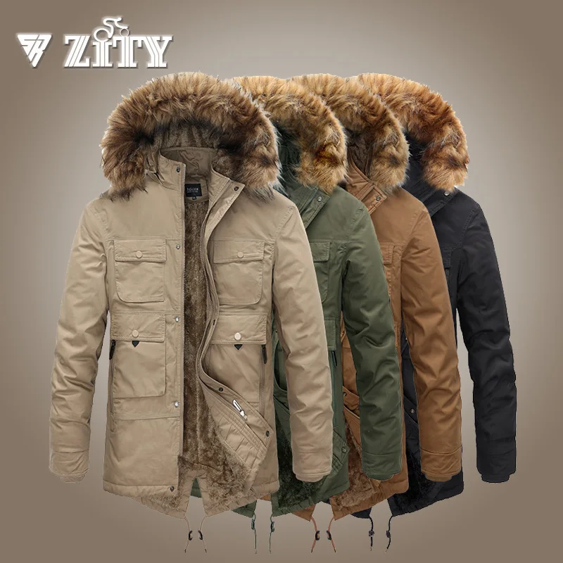 Men's Winter Parkas Fleece Thick Warm Jacket Fur Collar Long Hooded Coat Men Cargo Multi-Pocket Outdoor Windbreaker Outwear 4XL