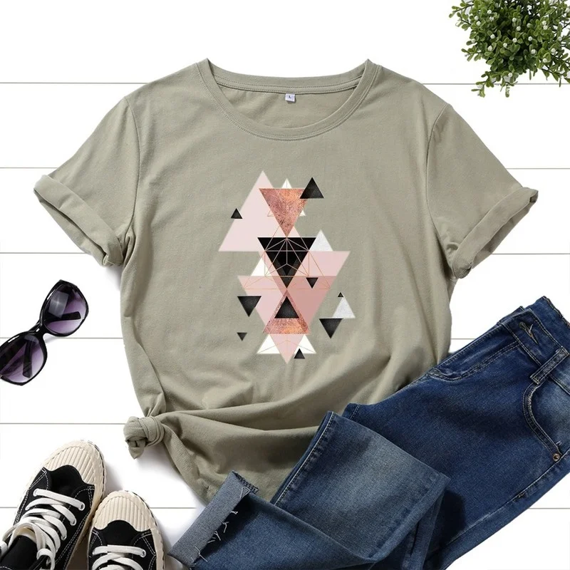 

Футболка женская с коротким рукавом, модная Повседневная Свободная рубашка с принтом треугольника, с круглым вырезом, на лето