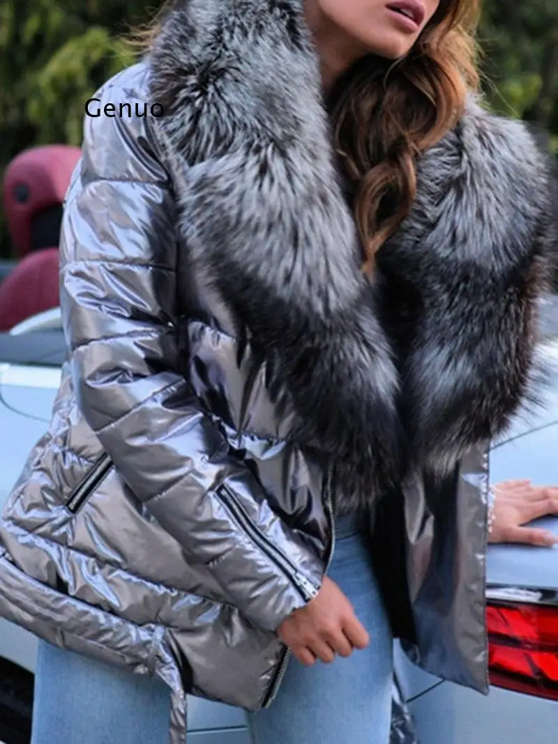 2021 Fall/winter New Style  Ladies Warm Cotton Coat Bright Face Large Fur Collar Casual Short Long-Sleeved Down Cotton