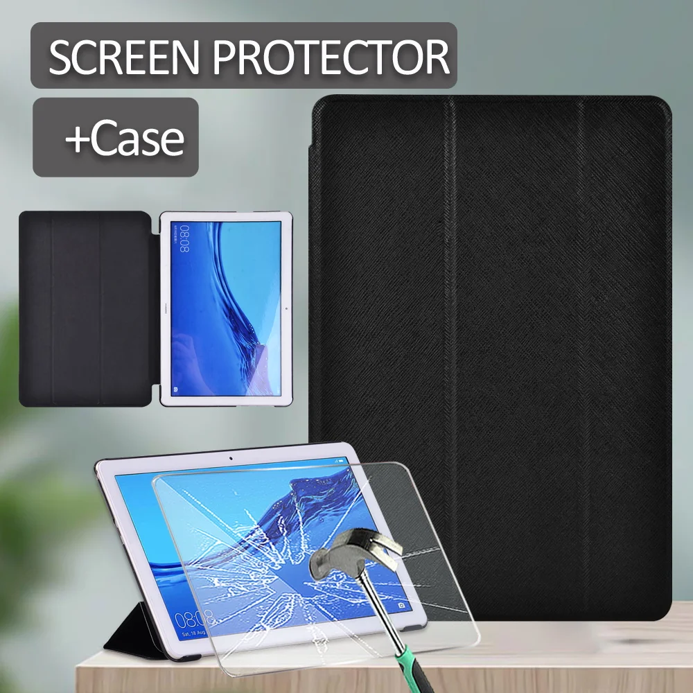 

Case for Huawei MediaPad T5 10 10.1"/T3 10 9.6" New Anti-Dust Tablet Case Leather Trifold Stand Cover Case + Tempered Film