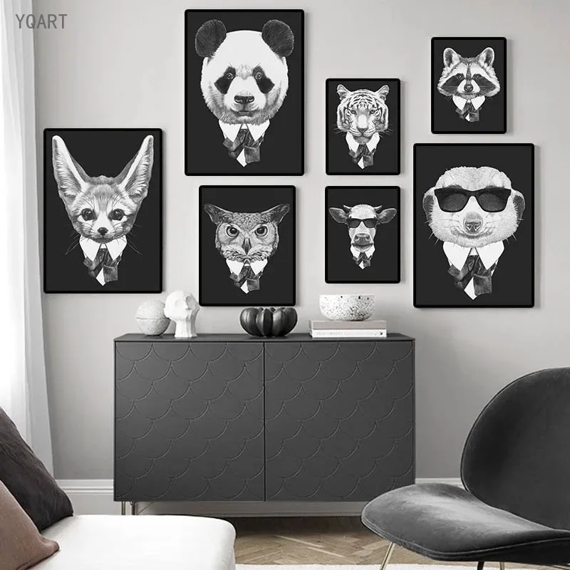 Современная Картина на холсте черные белые нежные животные с костюмом настенные