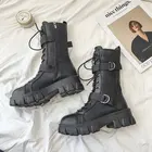 Женские ботинки до середины икры, демисезонные ботинки в стиле панк из искусственной кожи, женские мотоциклетные ботинки на молнии с перекрестной шнуровкой, женская обувь на платформе