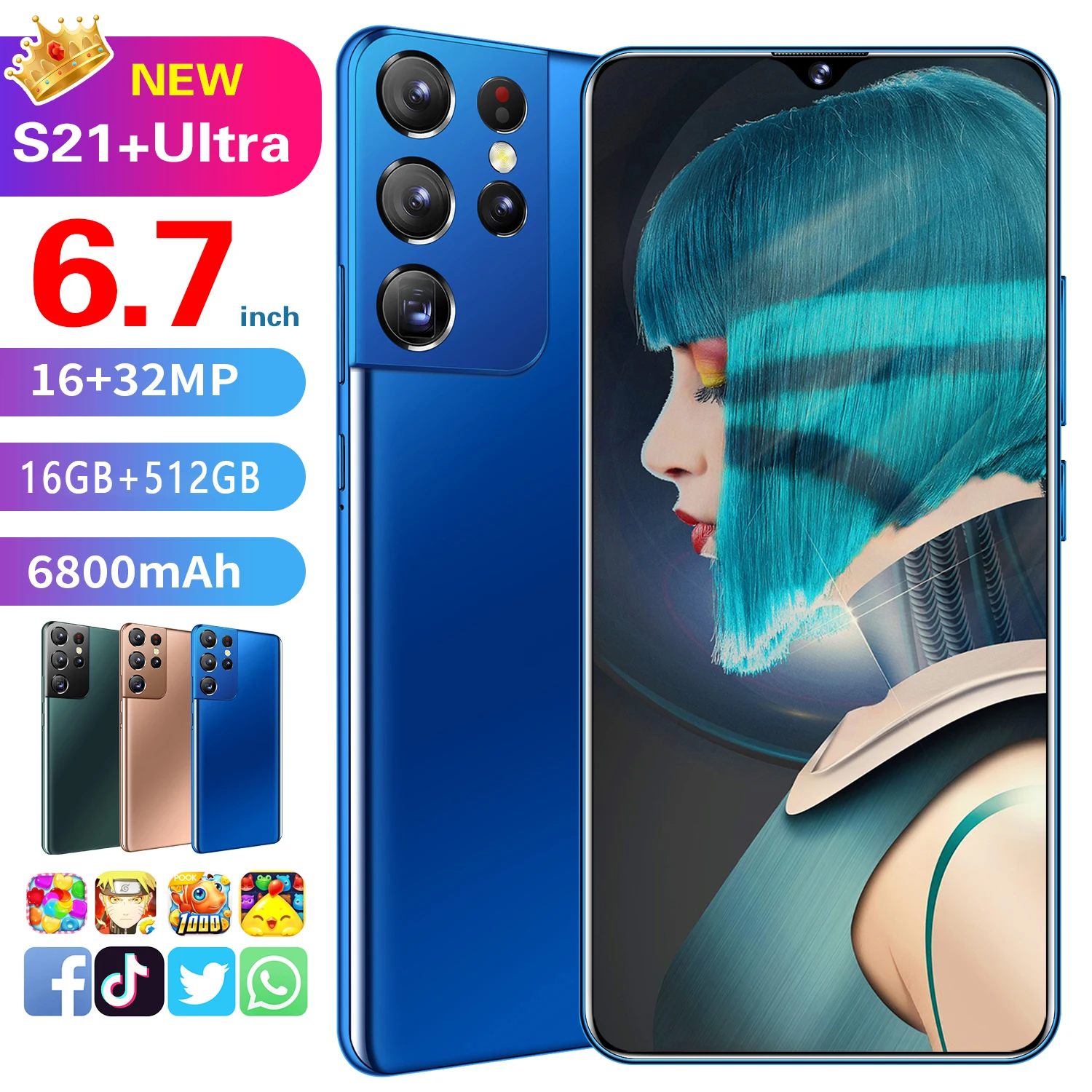 

Global Version S21+Ultra 6.7 HD Display 1440*3200 Smartphone 6800mAh Fast Charge Latest 10 Core 16MP+32MP Premium Pixels phone