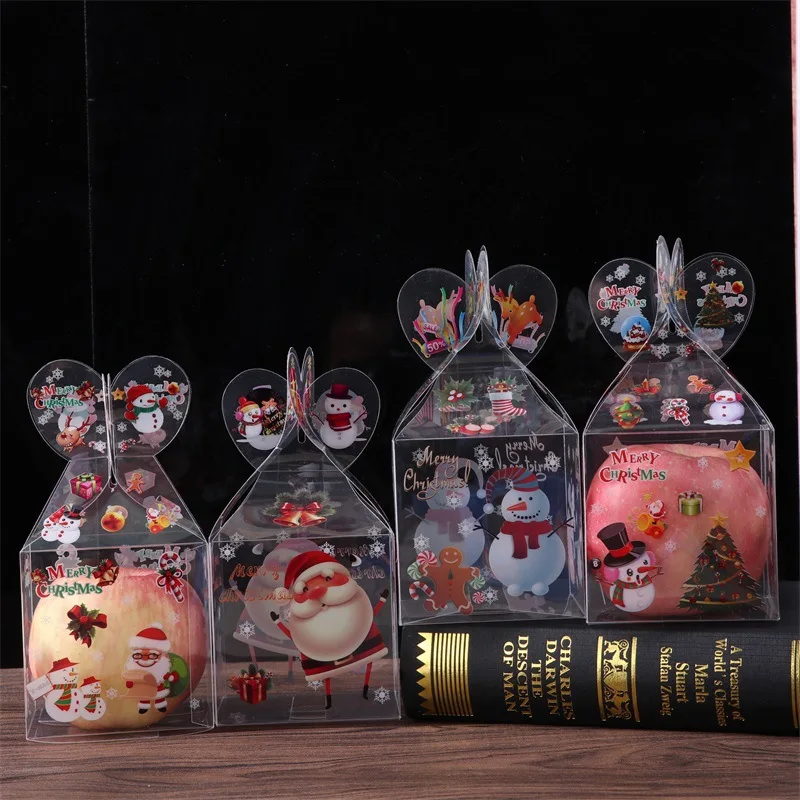 

20Pcs Christmas Apple Box Square Transparent Pvc Cartoon Santa Claus Packaging Candy Apple Box Christmas Decoration Gift Case