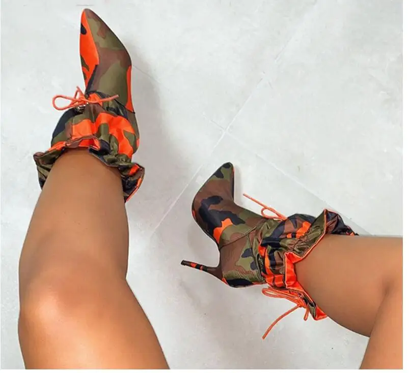 

2020 Boats Spring/Autumn New High Heels 11cm Stilettos Fashion Camouflage Ankle Boots Shoes Woman Lace Up Sexy Night Club Boots