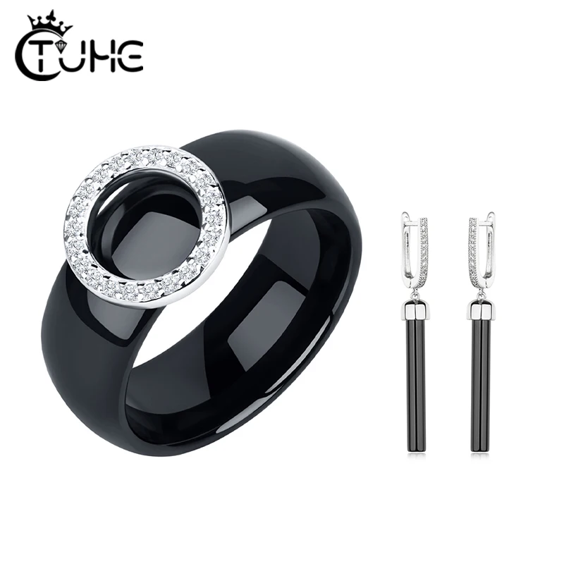 Fashion Women's Jewelry Set 8mm Round Circle Ceramic Rings Bling Crstal With Long Drop Ceramic Earring Classic Black White Color