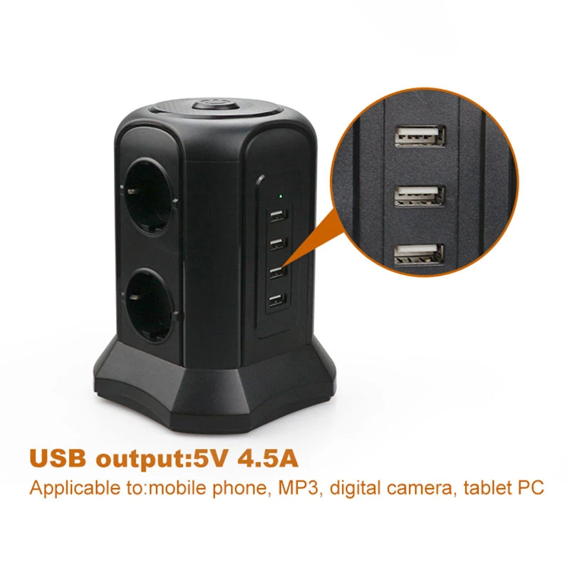 Штепсельная Вилка TESSAN Электрический Мульти Разъем Power Strip Tower с 6 розетками 4 USB 2 м/6