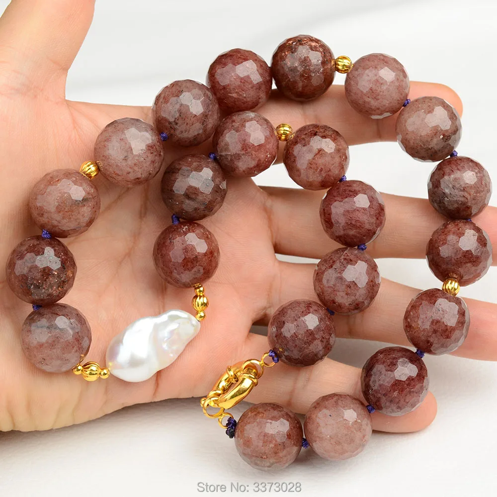 Женское колье 20 дюймов 18 мм с клубничным кварцем Lepidocrocite и белым жемчугом Keshi |