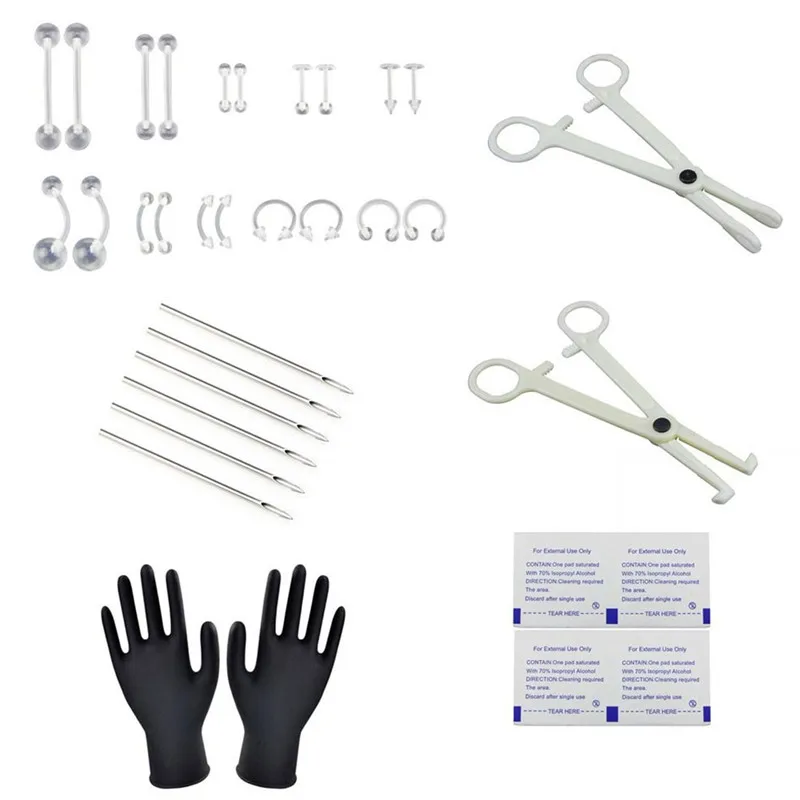 

28PCS/Set Hot Sale Body Piercing Kits Puncture With Ear Nose Eyebrow Sets Plier Piercings Clamp Steel Needles Tool Kit Set