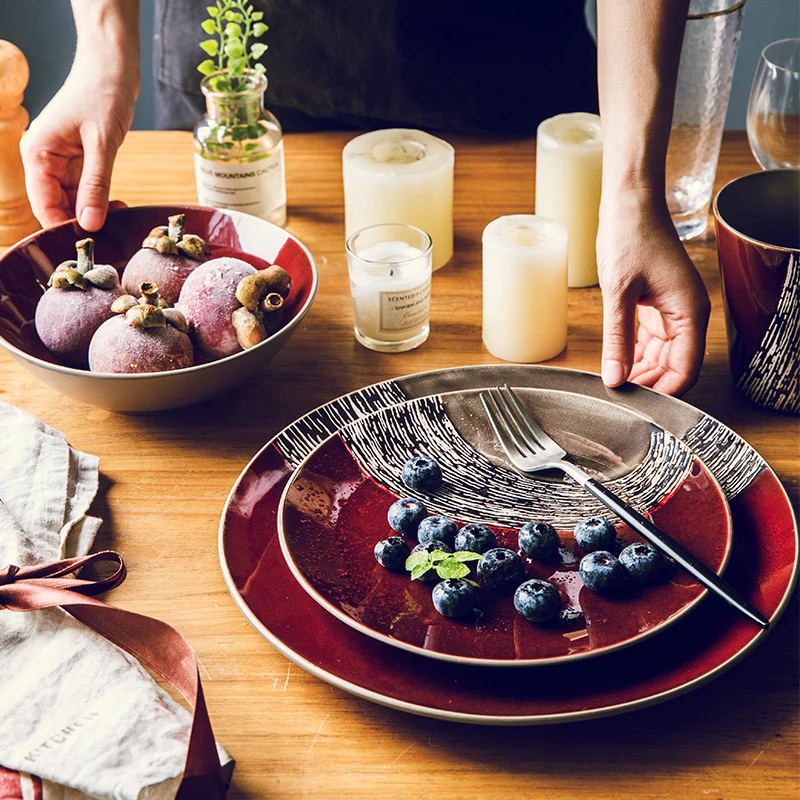 

Retro Ceramic tableware dinner plate retro tableware western-style steak Cake fruit bread plate household dish sets