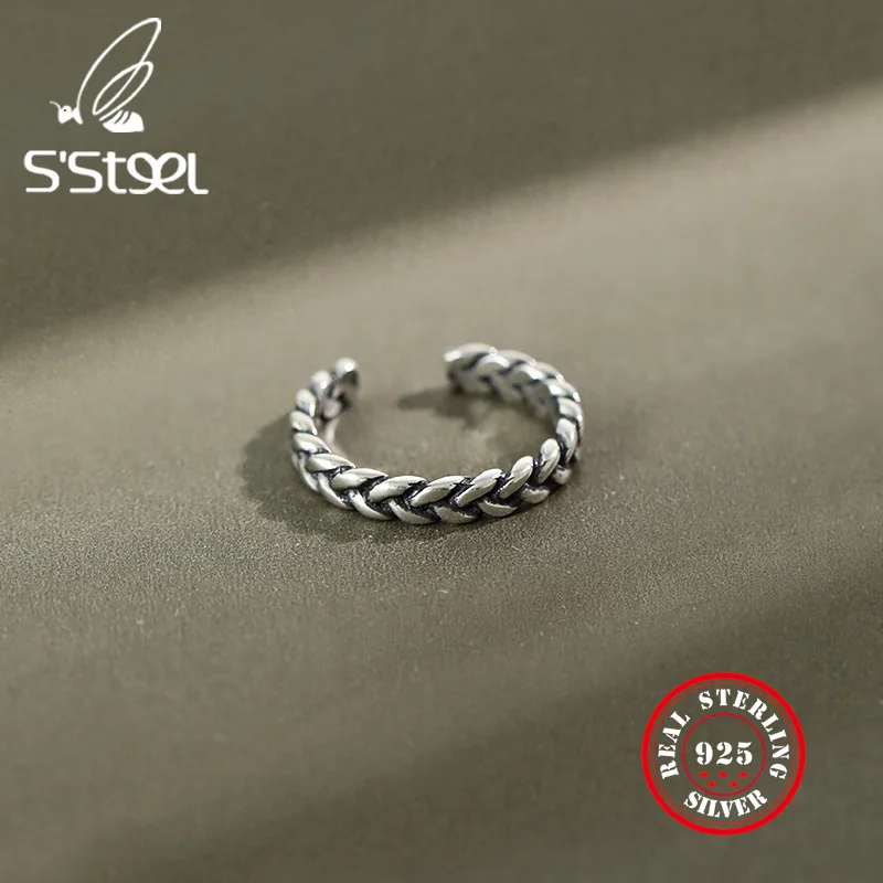 

S'STEEL Korean Retro 925 Sterling Silver Rings For Women Twist Braided Open Ring Vintage Gift For Girlfriend Minimalist Jewelry
