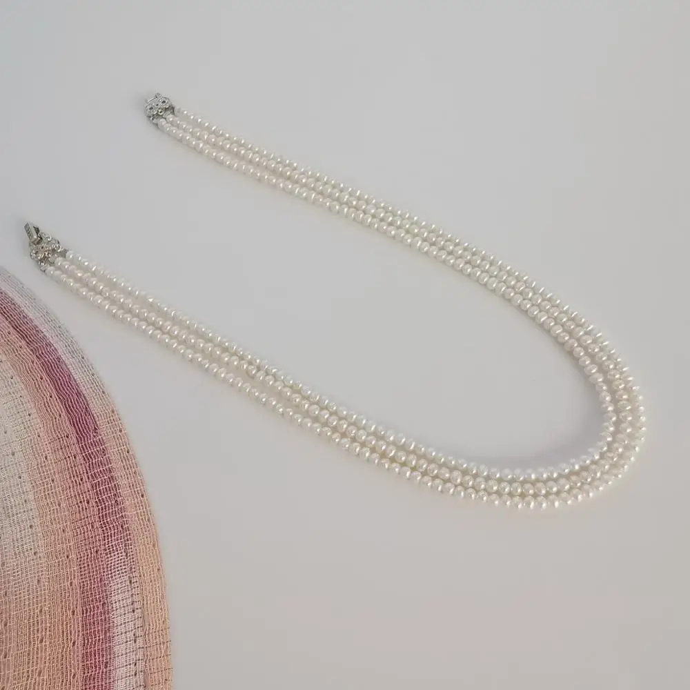 

Natural pearl necklace luxury three layered pearl necklace freshwater high quality mini pearl necklace with genuine silver clasp