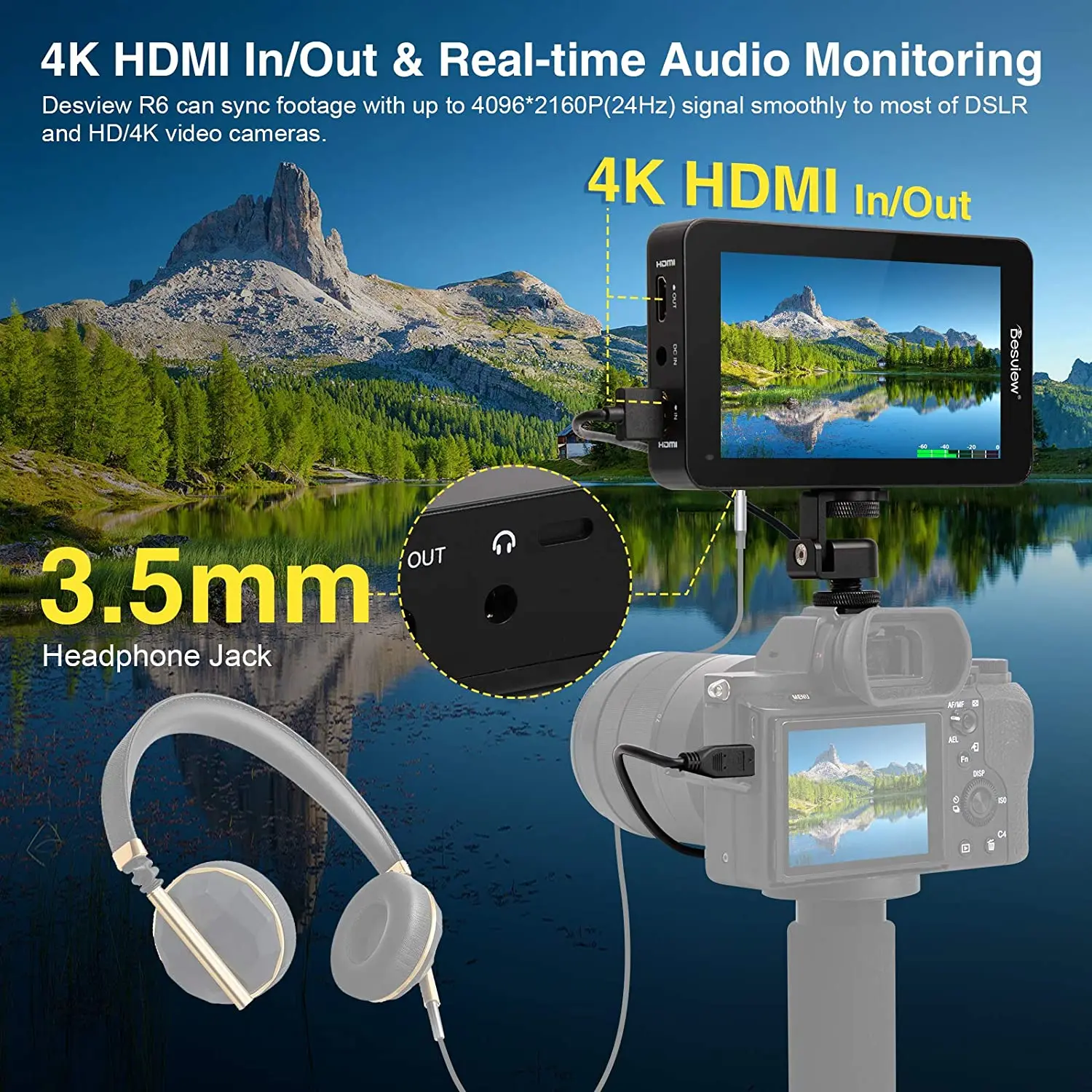 

Desview R6 Camera-Field-Monitor 5.5inch Touchscreen, UHB 2800nits 1920x1080 4K HDMI with 3D LUT HDR Waveform for camera