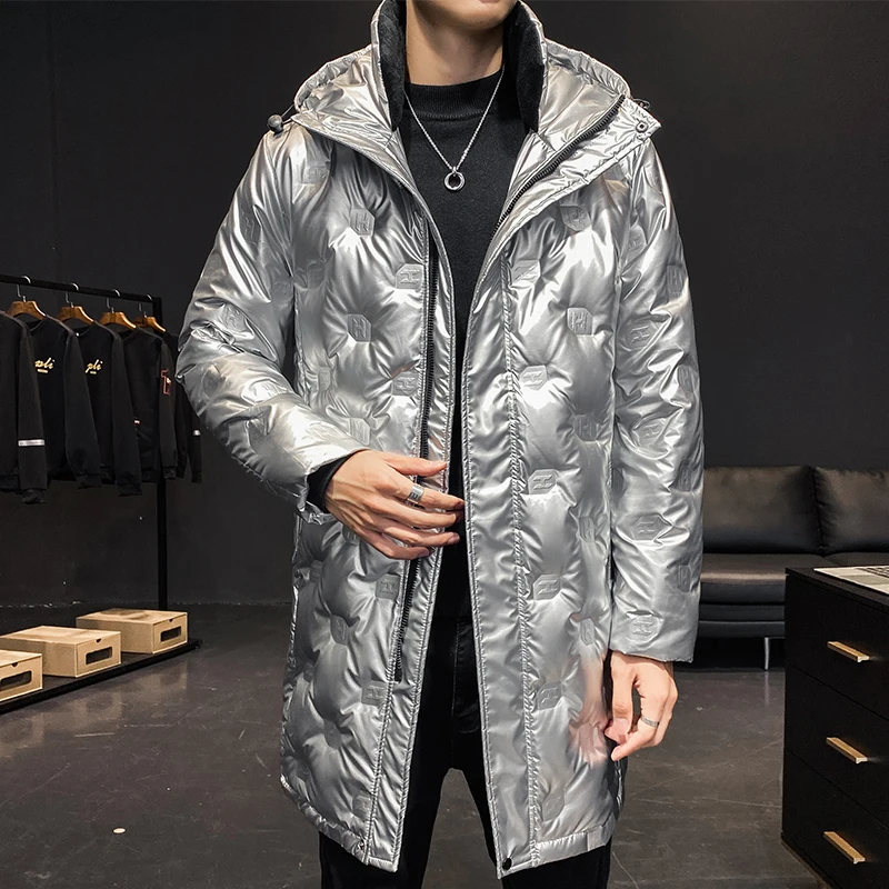 Winter men's hooded bright down jacket thick and warm long 50 white duck down cold  men's winter clothing