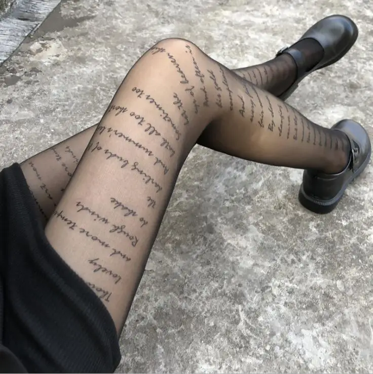 new fashion women hot brand printing letter body stockings girls black sexy tattoo transparent fishnet seamless tights pantyhose free global shipping