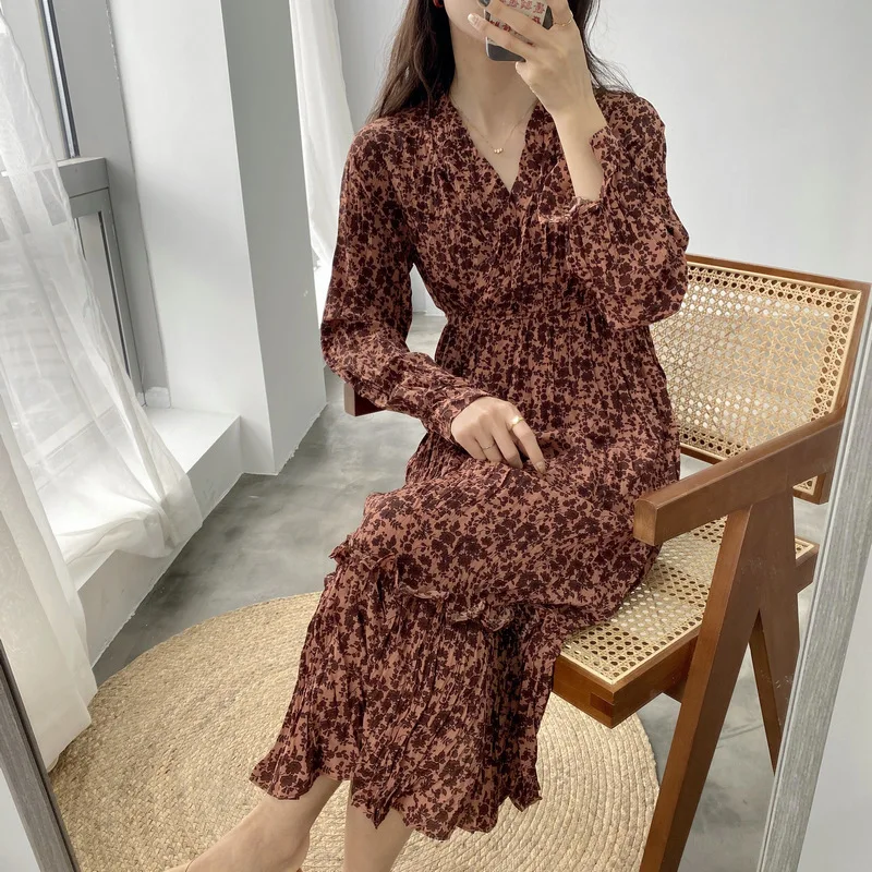 Длинное платье с цветочным принтом весна 2020 Ретро стиль драпировка v-образный