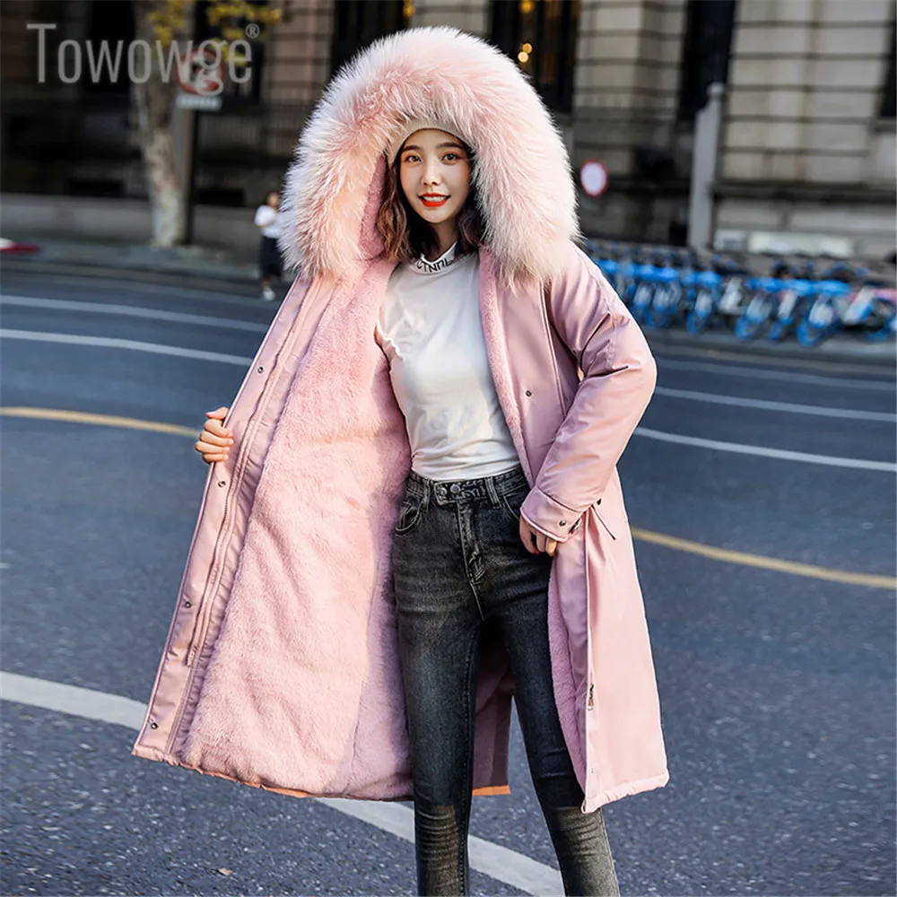Towowge Winter Hot Saling Trend Coat Student Thicken Keep Warm Fashion Long Section Fluff With Cap Women's Clothing 2019 | Женская