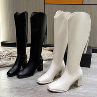 2022 new womens leather western boots round toe zipper shoes thick soled high heeled short boots autumn and winter womens boot