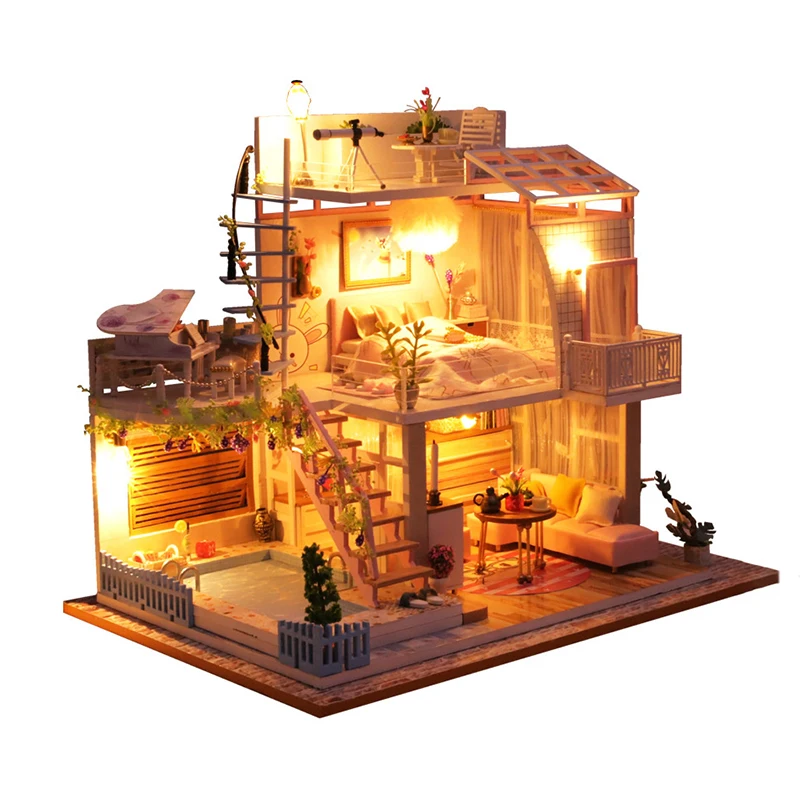

DIY Wooden Miniature Dollhouse Pink Princess Villa Hand Assembled Doll House With Furniture Toys For Children Girl Birthday Gift
