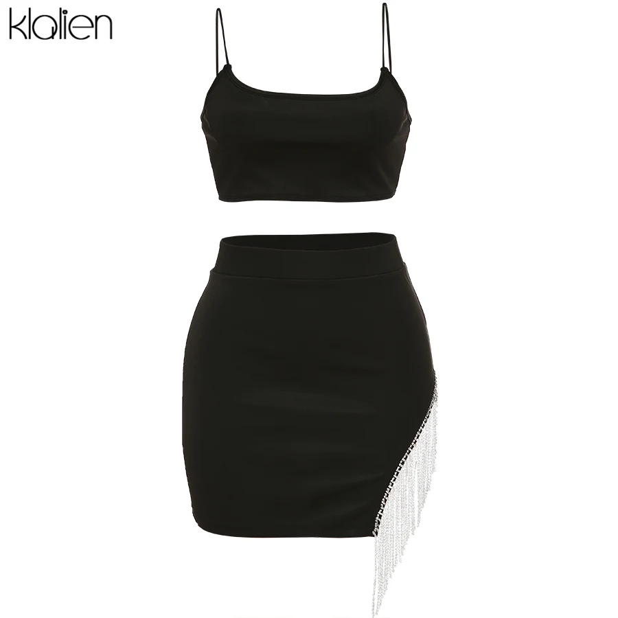Klanien короткий топ без рукавов на бретельках + мини-юбки с цепочкой и кисточками 2020