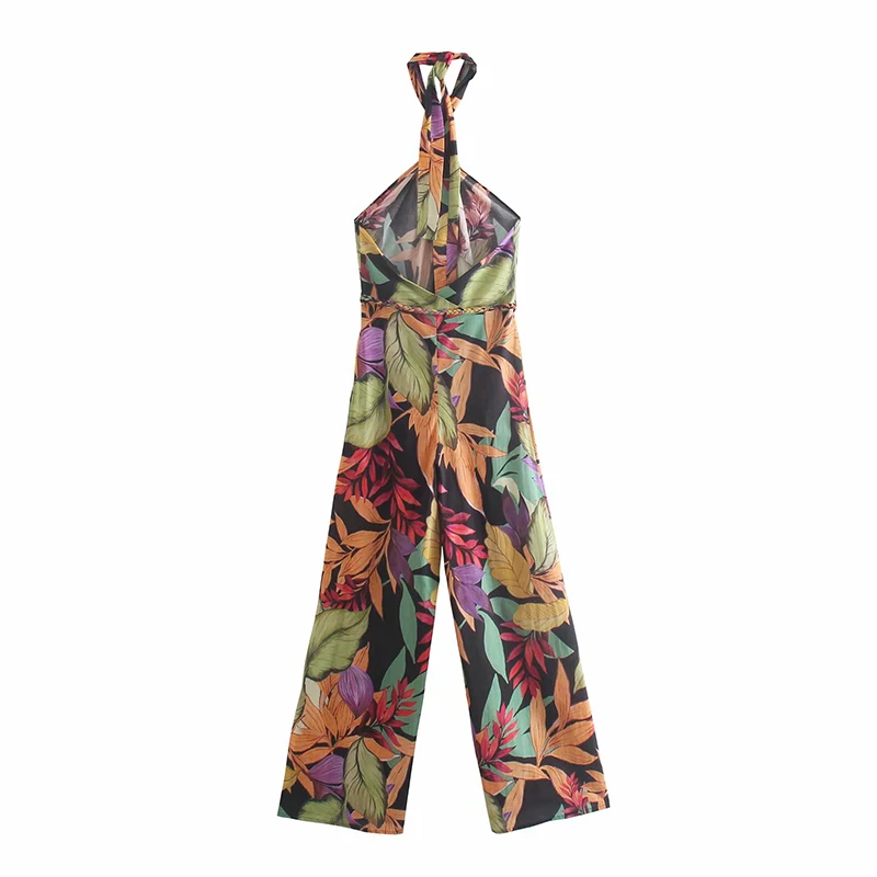 

Za Women Summer Print Beach Jumpsuit Sleeveless Backless Female Lace-up High Street Rompers OZZ1095