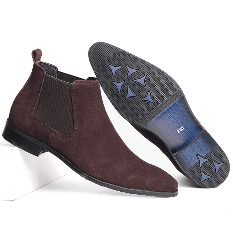 

New Genuine Leather Formal Dress Man Chelsea Ankle Boots Cow Suede Pointed Toe Flats Handmade Men's Cowboy Riding Shoes WF176