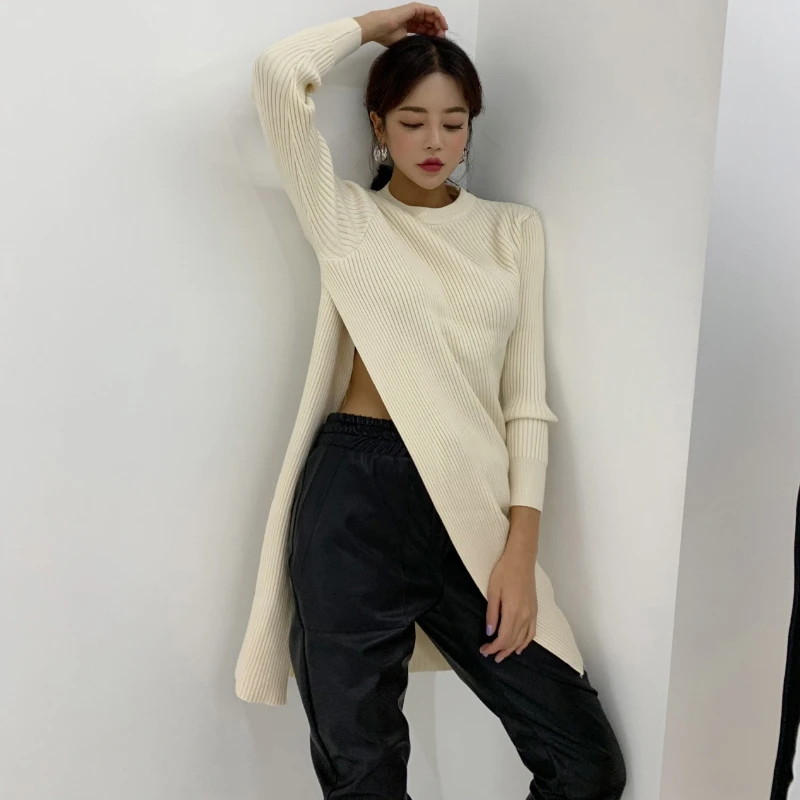 

Fashion Designer Pullover 2020 Autumn Full Sleeve O Neck Sexy Split Sweater Women Elegant Long Style Loose Knit Jumper Tops