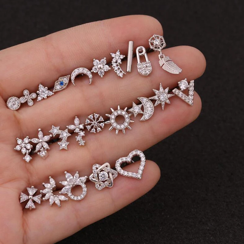 New Creative Flower Earrings Stainless Steel Screw Female Zircon Ear Bone Nails Foreign Trade Hot Puncture | Украшения и