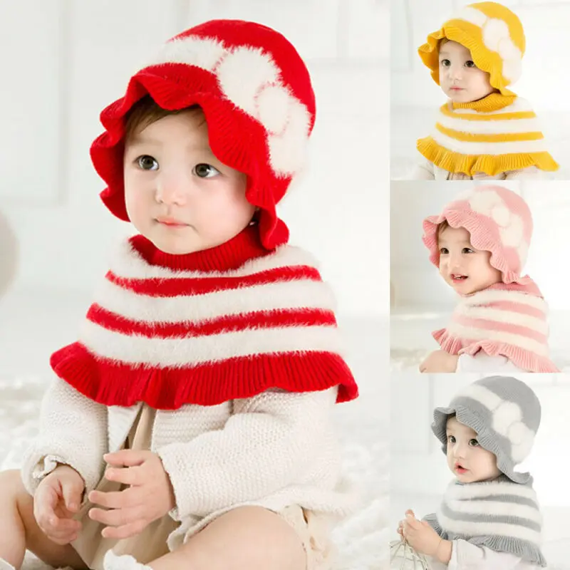 2019 Brand New 2Pcs Toddler Kids Baby Girl Princess Scarf+Cap Hat Winter Warm Knittde Scarf Shawl Hot Sale Discounts 0-28 Months | Детская