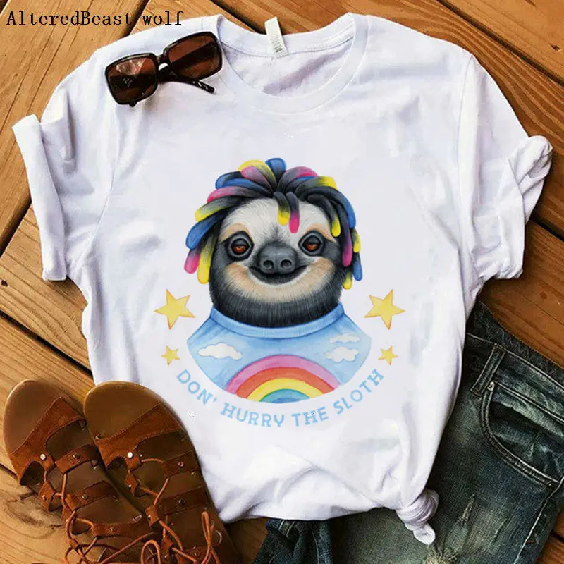 

Watercolor the sloth t shirt Women clothes 2019 White T Shirt harajuku vogue Sloth tshirt female kawaii streetwear Tops shirt