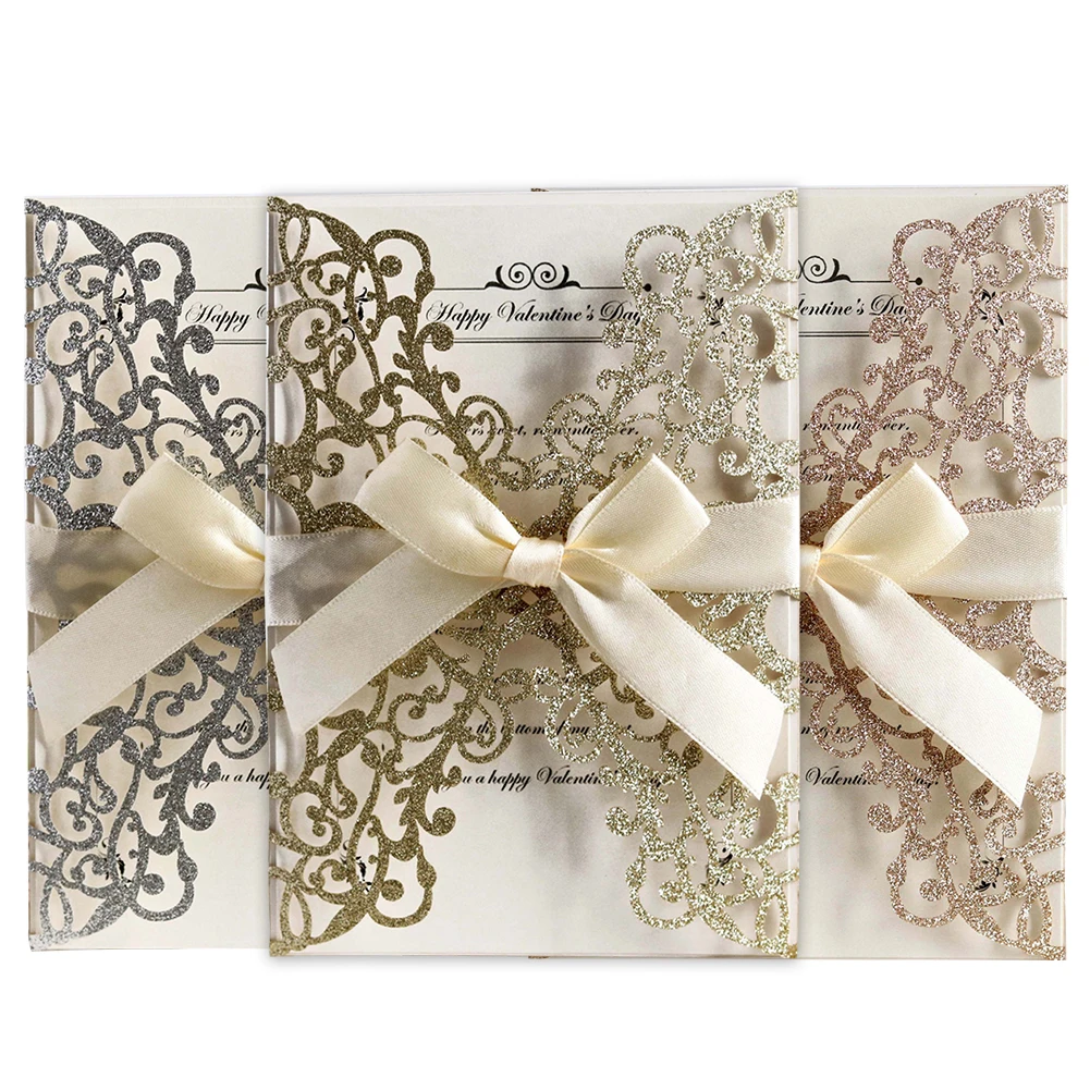 

Party Invitation Card Hollowed Out DIY Elegant Glitter Engagement European Style Paper Cover With Ribbon Bowknot Wedding Holiday